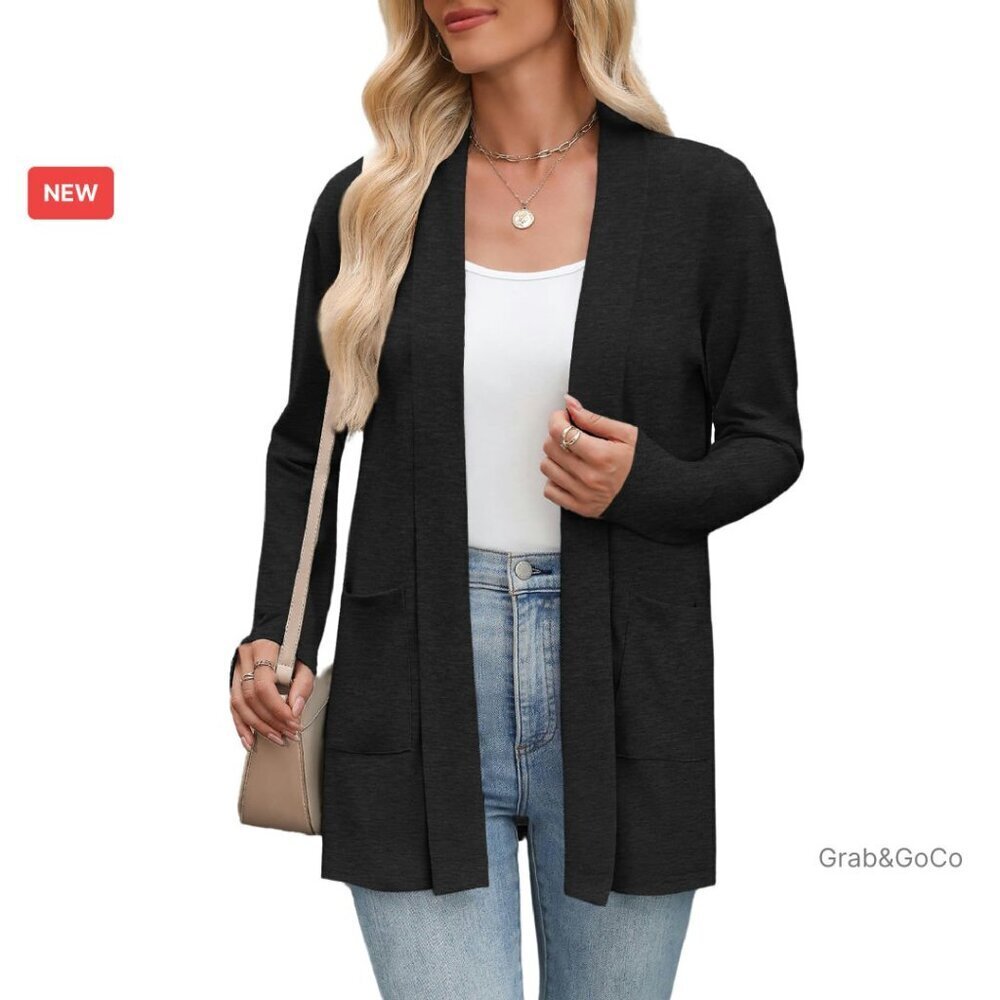 Lightweight Open Front Cardigan Long Sleeve Loose Fit Casual Chic Pockets